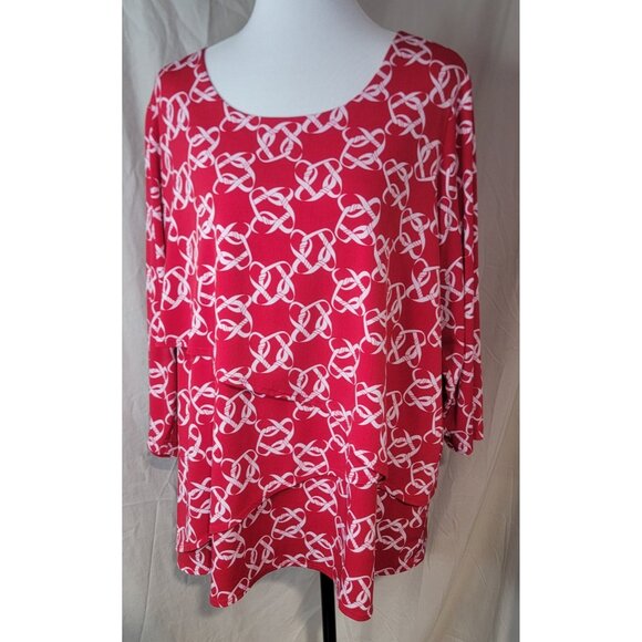 Susan Graver Womens 1X Red White Blouse Top Chainlink Layered 3/4 Sleeve Stretch - Picture 11 of 15